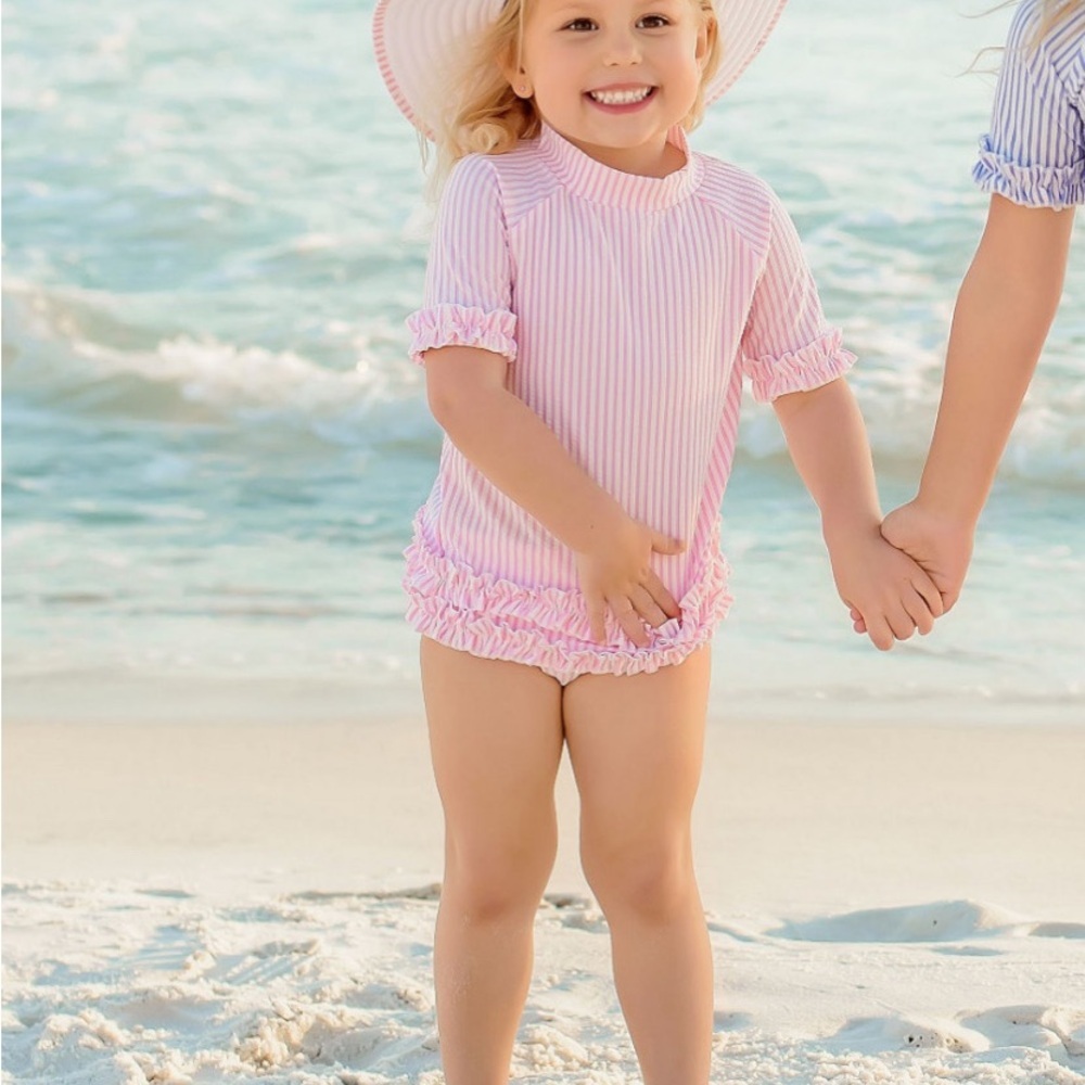 Ruffle Butts Baby Girls 3T Pink White Stripe 1/4 Sleeve Rash Guard Swimsuit EUC